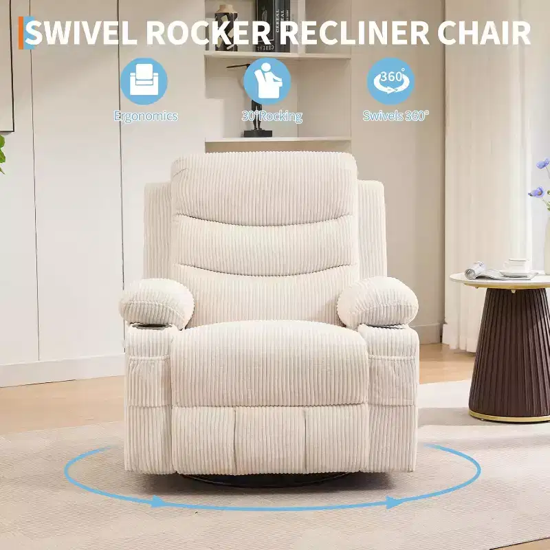 Oversized Swivel Rocker Recliner Chair with Massage & Heat - Manual Fabric Lazy Boy Swivel Reclining Chair for Adults
