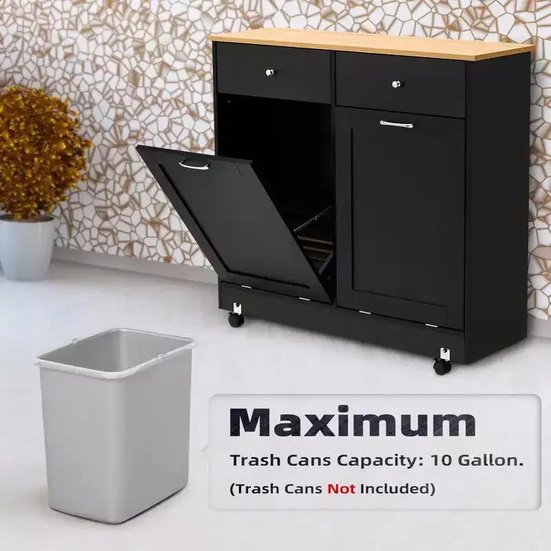 EROMMY Double Tilt Trash Cabinet with 2 Drawers, Trash Cabinet with Storage on Wheels, Black