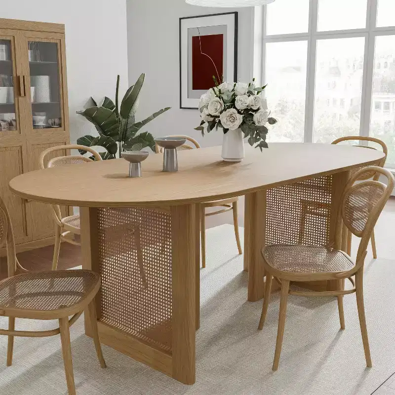 PexFix 67 x 33.5 Modern Farmhouse Kitchen Dining Room Table Home Furniture Oval Oak Kitchen Table with Rattan Woven Legs for Kitchen Bar Living Room