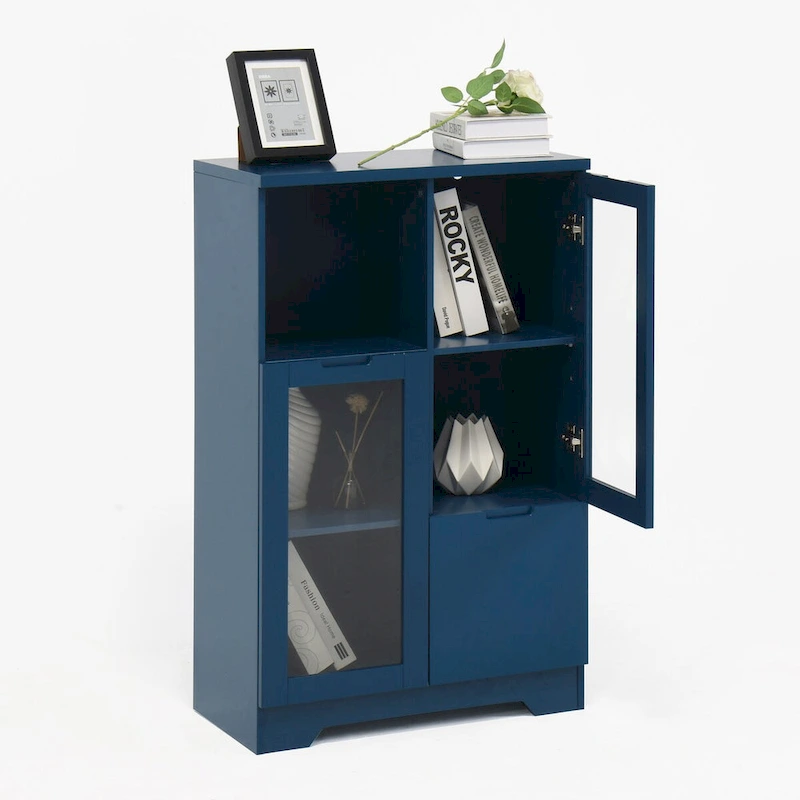 Wooden Floor Cabinet with 2 Glass Doors and 2 Storage Space,Living Room Bathroom Entryway