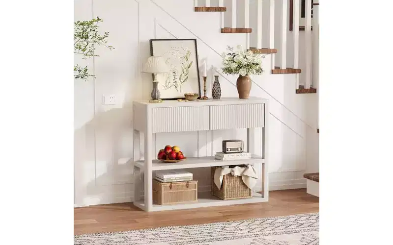 GustoWave 34.6 Tall Console Table with 3-Tier Shelves & 2 Drawers, Fluted Entryway Table, Narrow Wood Sofa Table for Hallway, Foyer, White Grey