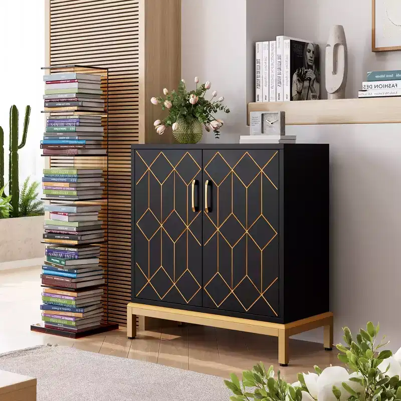 Modern Storage Cabinet with Doors and Adjustable Shelves, Freestanding Accent Sideboard with Gold Line Design for Living Room or Office