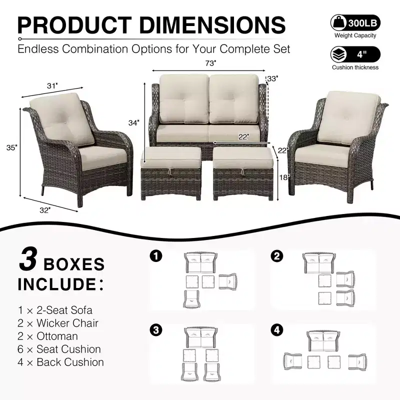 UPTIOT All-Weather Olefin Wicker Sofa Set with Multi-Functional Ottomans