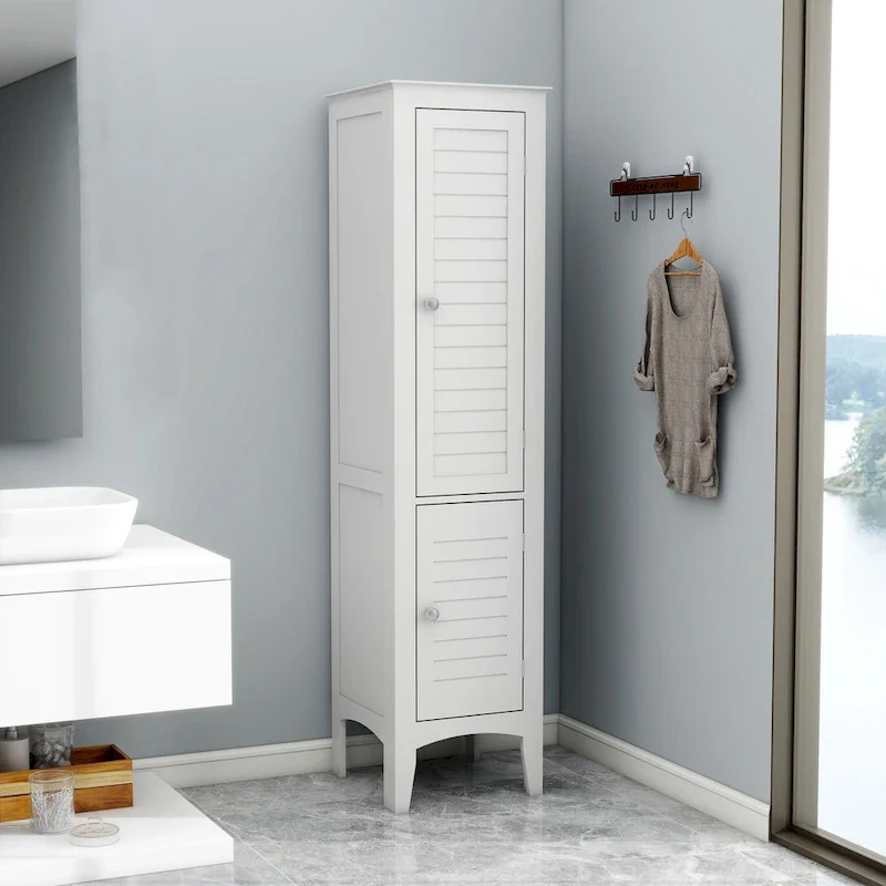 Tall Narrow Tower Freestanding Cabinet with 2 Shutter Doors 5 Tier Shelves for Bathroom, Kitchen ,Living Room,Storage Cabinet