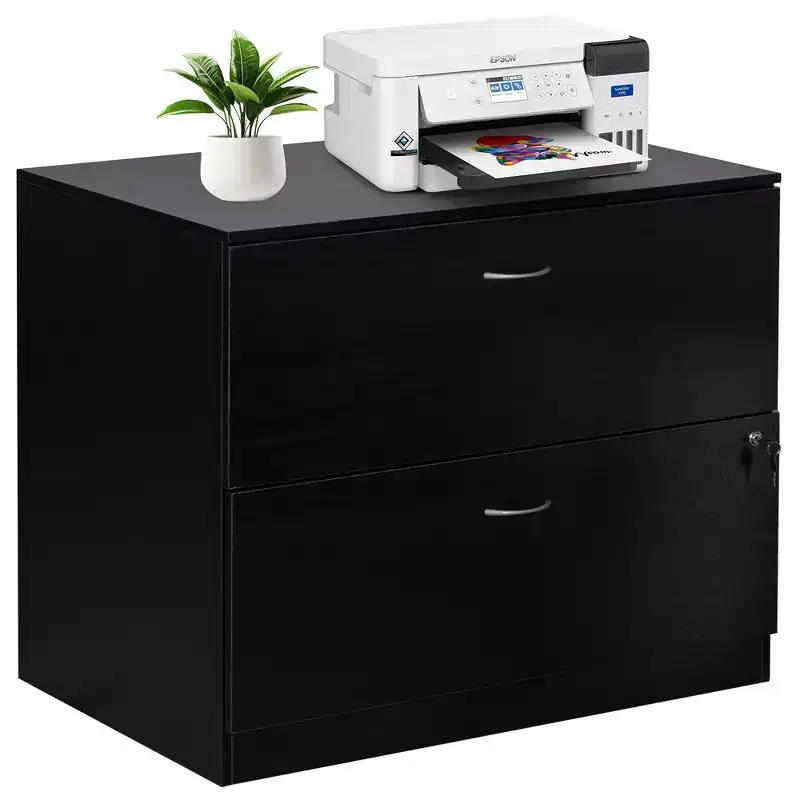 Basicwise 30 Wooden Lateral File Cabinet with Two Spacious Drawers, One Lockable - Suitable for Home Office, Offering Ample Space