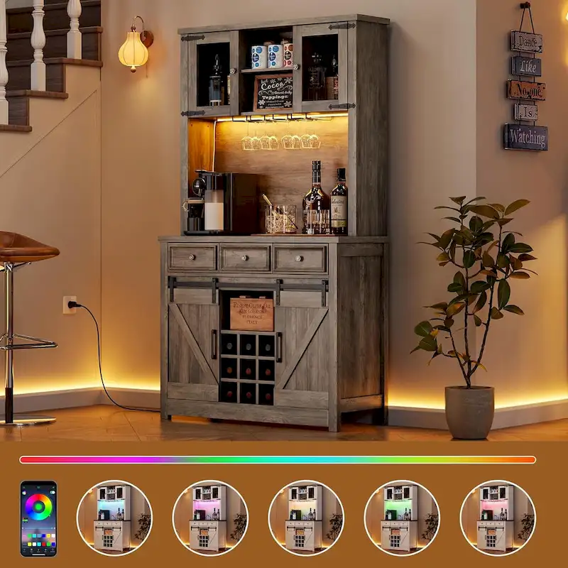Modern Farmhouse Coffee Bar Cabinet with LED Lights & Power Outlets, Kitchen Cabinet