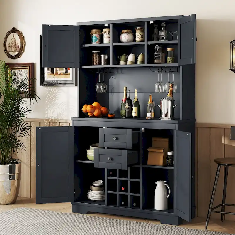 Coffee Bar Cabinet with Drawers, Freestanding Kitchen Pantry with Shelves and Cabinets, Buffet Cabinet with Glass Racks