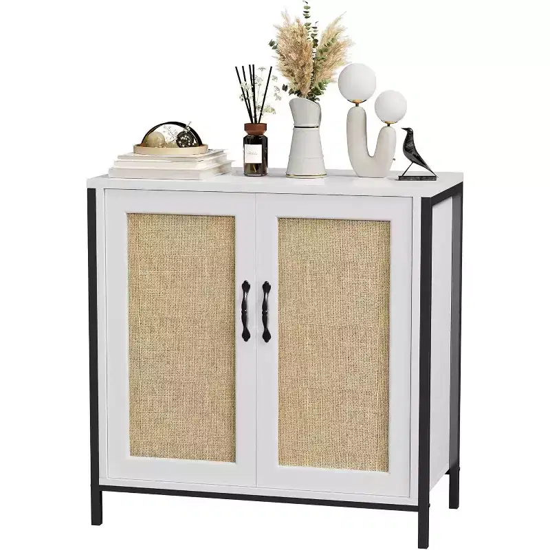 Acekool Rattan Storage Cabinet with Doors and Shelves, Accent Sideboard Buffet for Entryway, Living Room, Office, Modern Boho Organizer