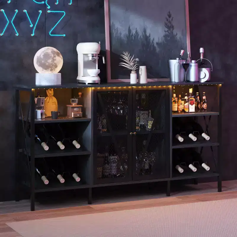 Farmhouse Wine Bar Cabinet with LED Light, Industrial Coffee Bar with Wine Rack and Glass Holder