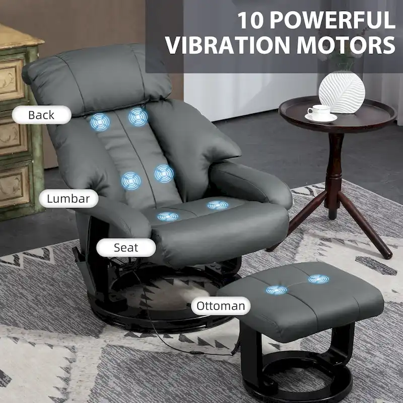 HOMCOM Massage Recliner Chair with Ottoman, 360 Swivel Recliner and Footstool, PU Leather Reclining Chair, Gray