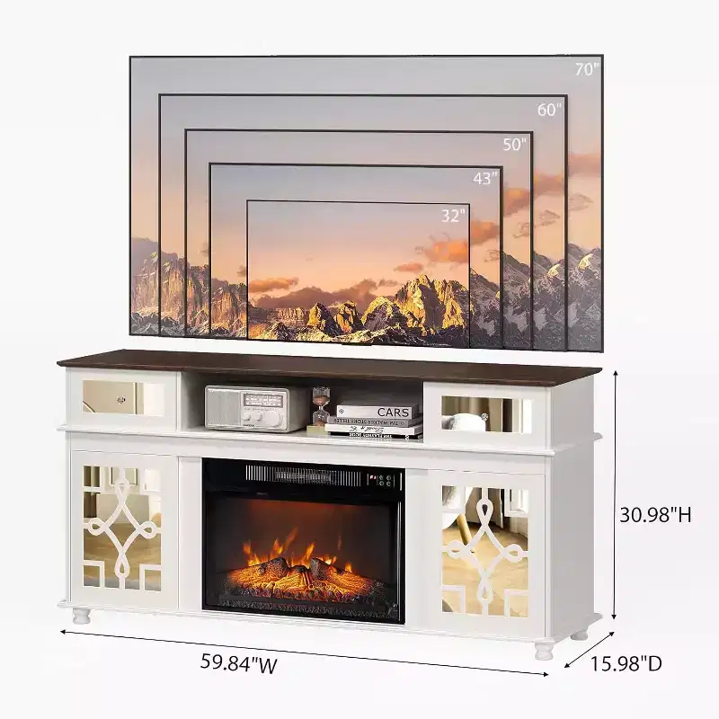 VINGLI Fireplace TV Stand with Sliding Mirrored Door for TVs up to 70, Entertainment Media Console with 23'' Electric Fireplace, White