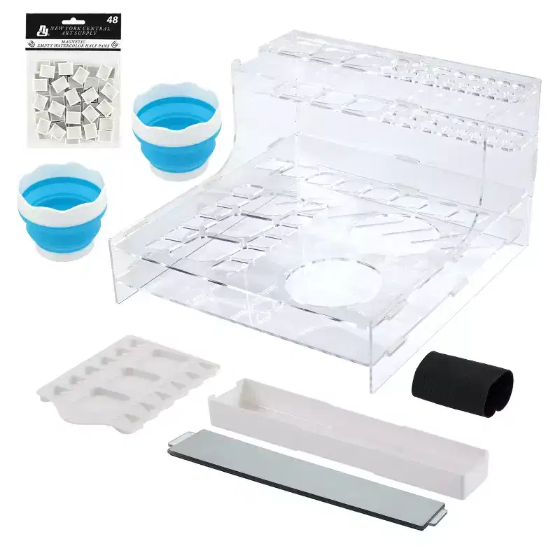 HG Art Concepts Mezzo Artist Studio Watercolor Organizer - Watercolor Paint Brush Holder w/ Palette, Drip Pan, Collapsible Cups, Magnetic Half Pans &