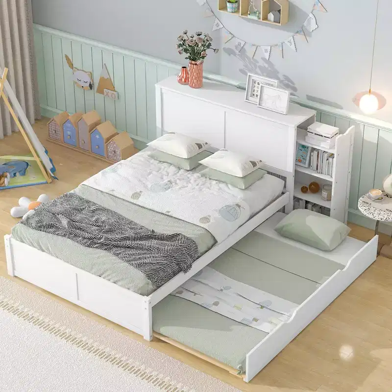 Whisen Storage Platform Bed with Pull Out Shelves and Twin Size Trundle - White