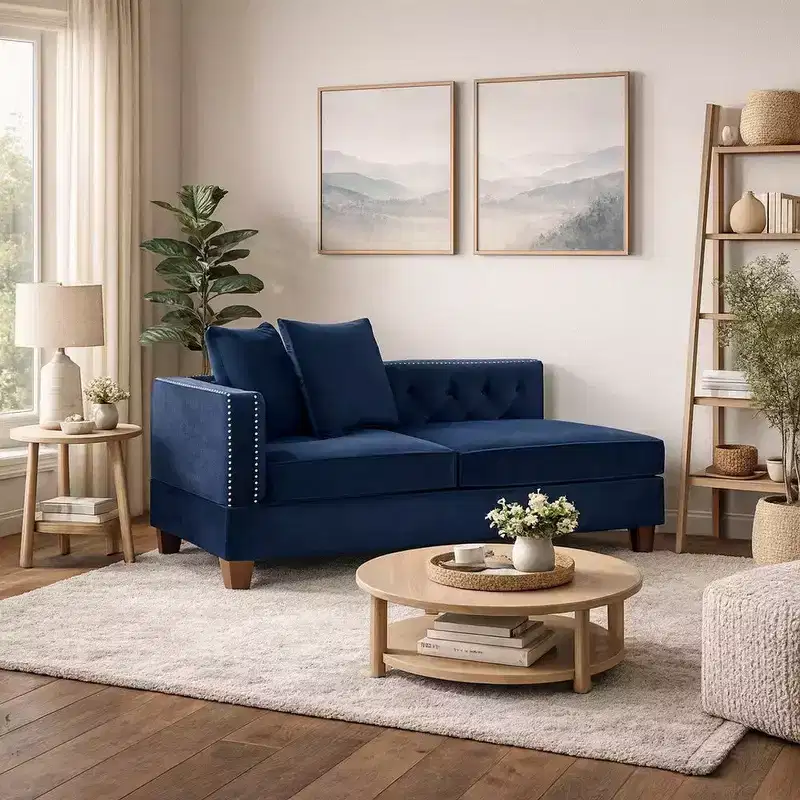 Royal Hampton 58 Inch One Arm Reversible Chaise, 2 Pillows, Nailhead Trim, Indigo