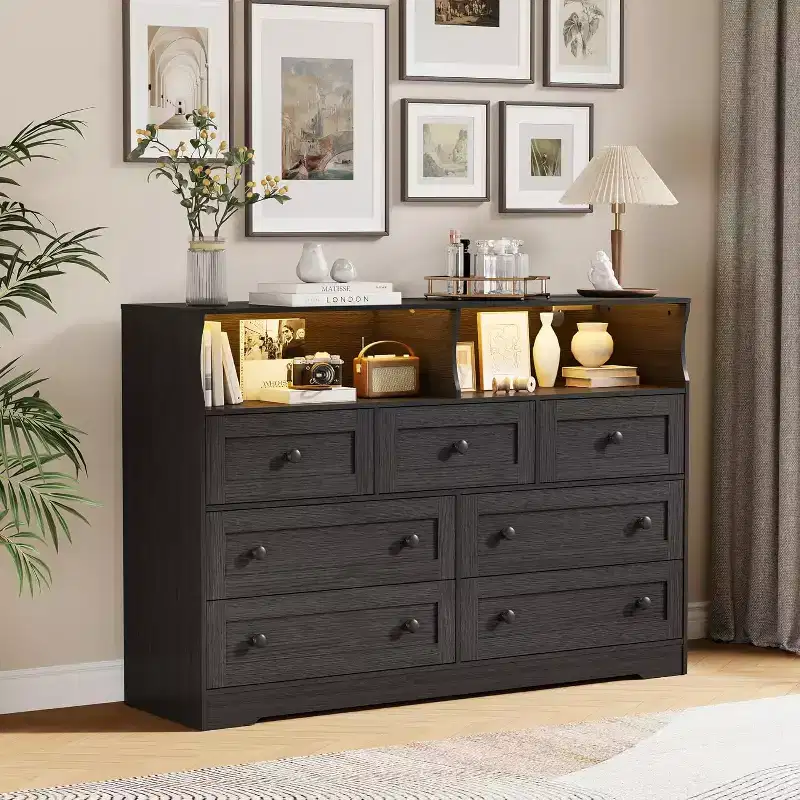 Acekool 7-Drawer Dresser with Charging Station, Modern Chest with Open Compartments, App Lighting, Storage Organizer for Bedroom & Closet
