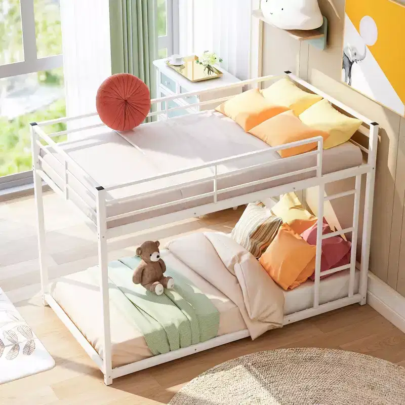 77.1IN Twin-Over-Twin Size Metal Floor Bunk Bed, Twin Bed with Ladder and Safety Guardrail, Kids Bunk Beds for Bedroom, Dormitory, White