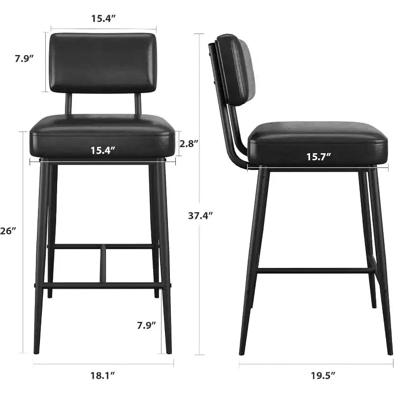 Bar Stools Set of 2, 26 Faux Leather Counter Height Bar Stool with Back, Metal Legs, Modern Upholstered Barstool Chairs
