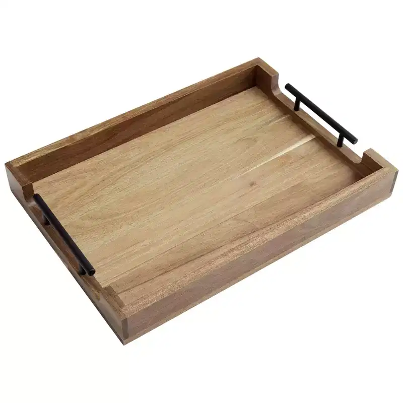 Acacia Wood Serving Tray with Metal Handles, 17 x 12 Inch