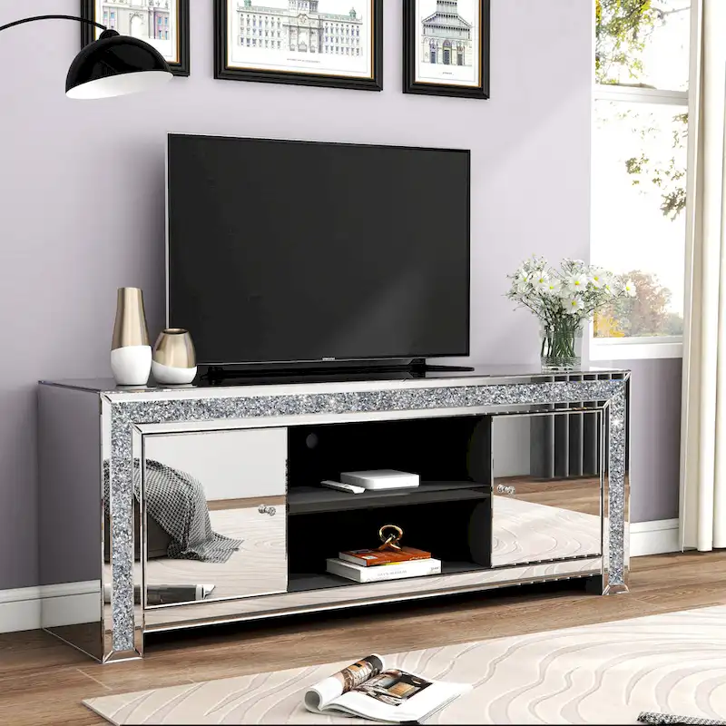59 Mirrored TV Stand with Crushed Diamond Inlay and Storage Cabinets