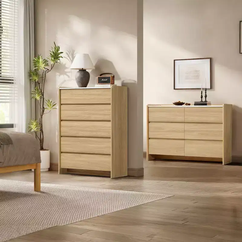 47.2-Inch 6-Drawer Dresser with Faux Marble Top and Raised Sides, Hazel Oak Brown