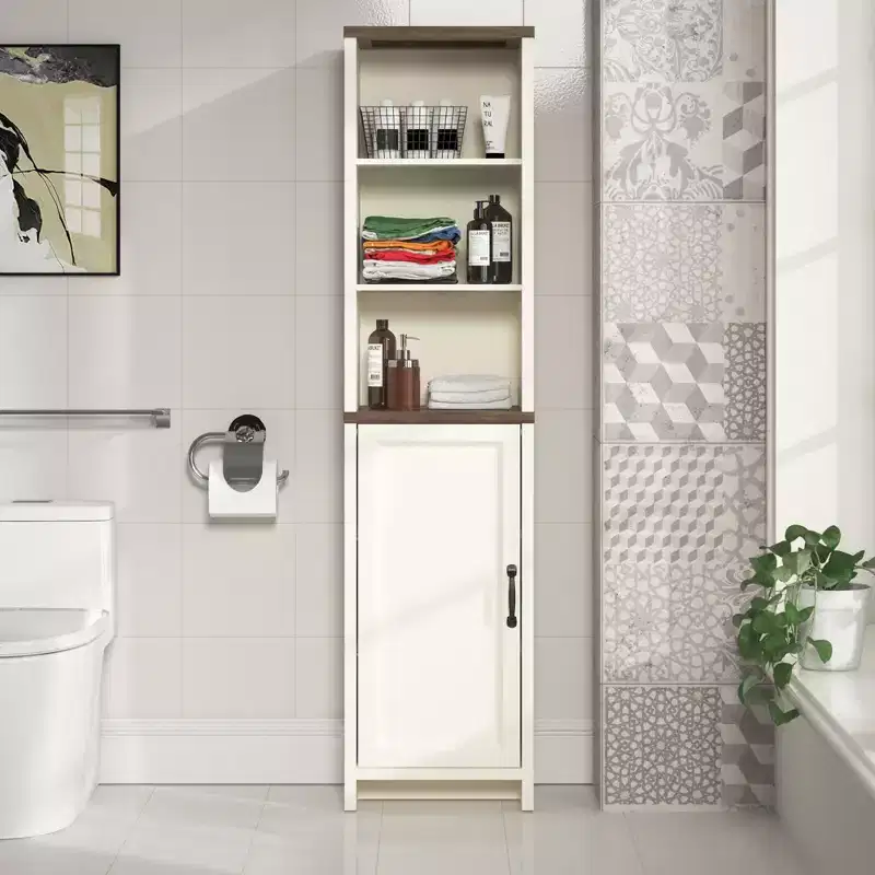Wood Tall Bathroom Cabinet with Open Shelves & Lower Door 15.6''W x 63.7''H Ivory