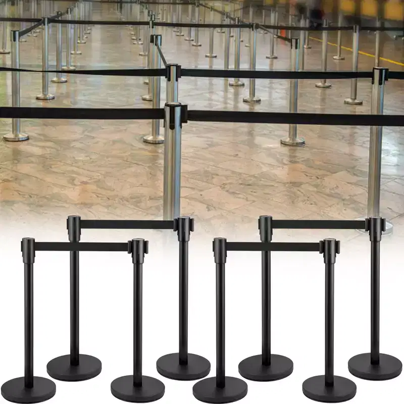 Crowd Control Stanchion with 6.6 ft/2 m Black Retractable Belt, Black Crowd Control Barrier, Black