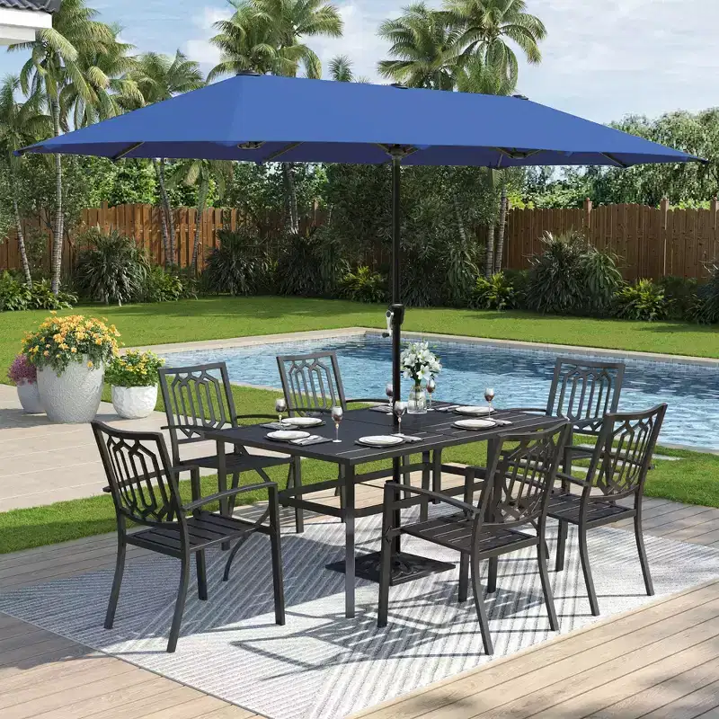 Captiva Designs 8pc Outdoor Slat-top Rectangle Steel Dining Table & Metal Stackable Chairs & 13ft Blue Umbrella