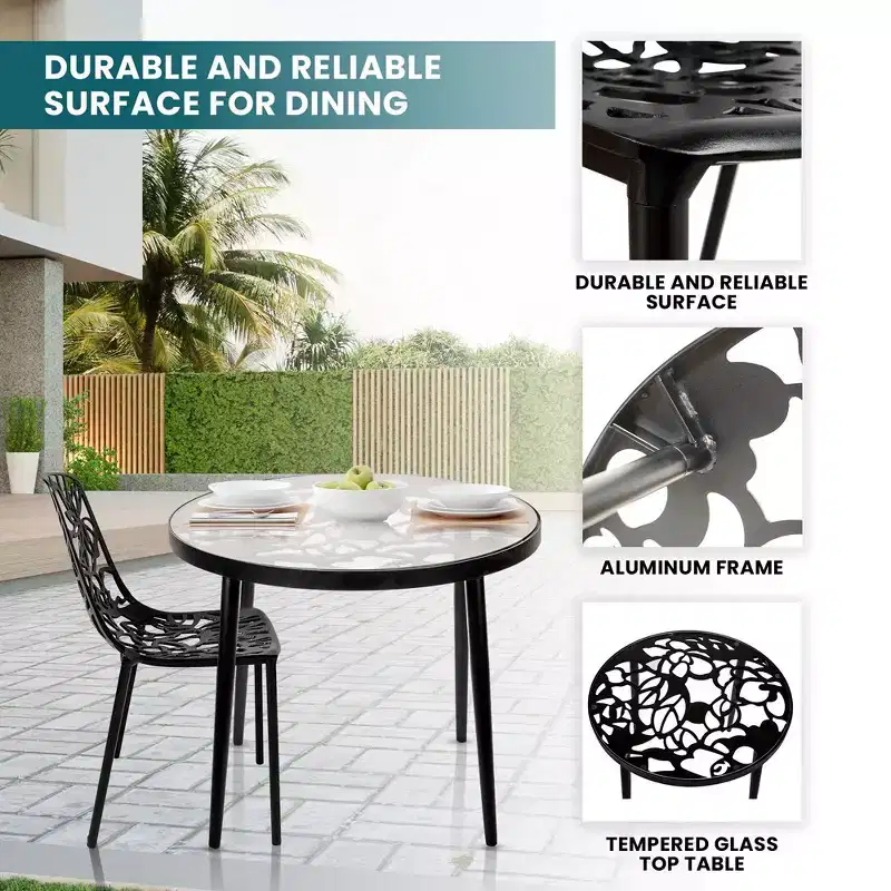 LeisureMod Devon 3-Piece Aluminum Outdoor Patio Dining Set with Tempered Glass Top Table and 2 Stackable Flower Design Chairs