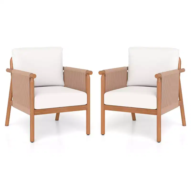 Gymax 2PCS Patio Armchair Acacia Wood w/ Seat Back Cushions