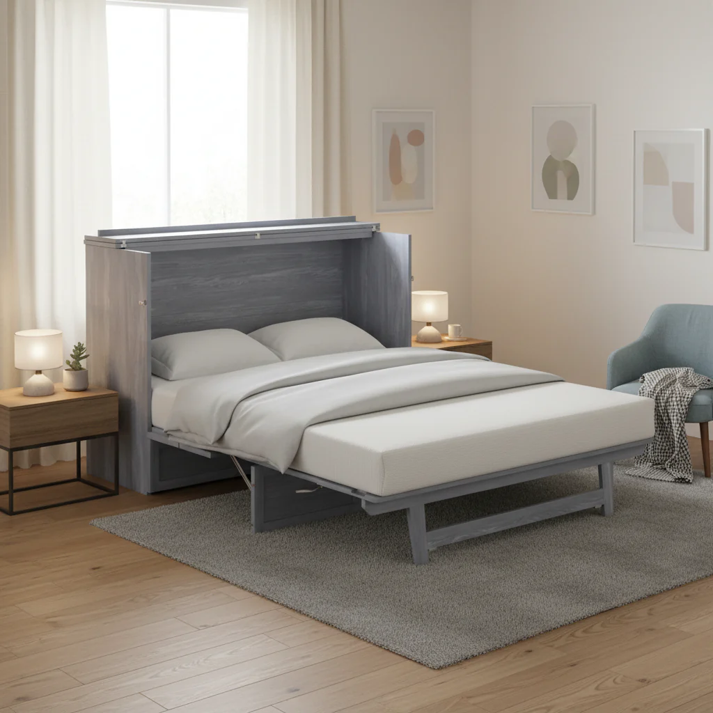 Northfield Queen Murphy Bed Chest with Mattress in Driftwood