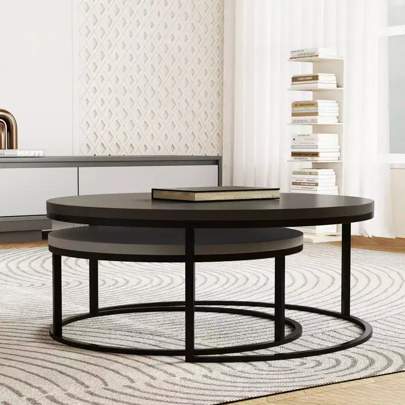 Gaoyangjiaju 31.5 Modern Round Nesting Coffee Table Set of 2 - Minimalist Industrial Center Tables - Grey/Black