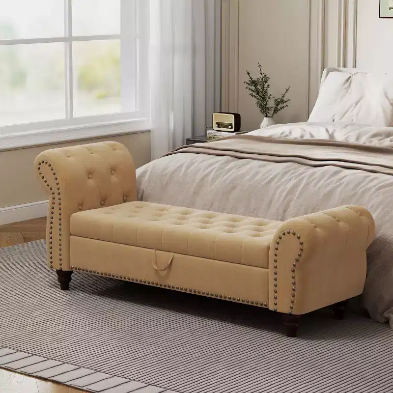 64.5 End of Bed Storage Bench with Nails Tufted, Entryway Bench with Velvet Cushions, Storage Ottoman for Living Room