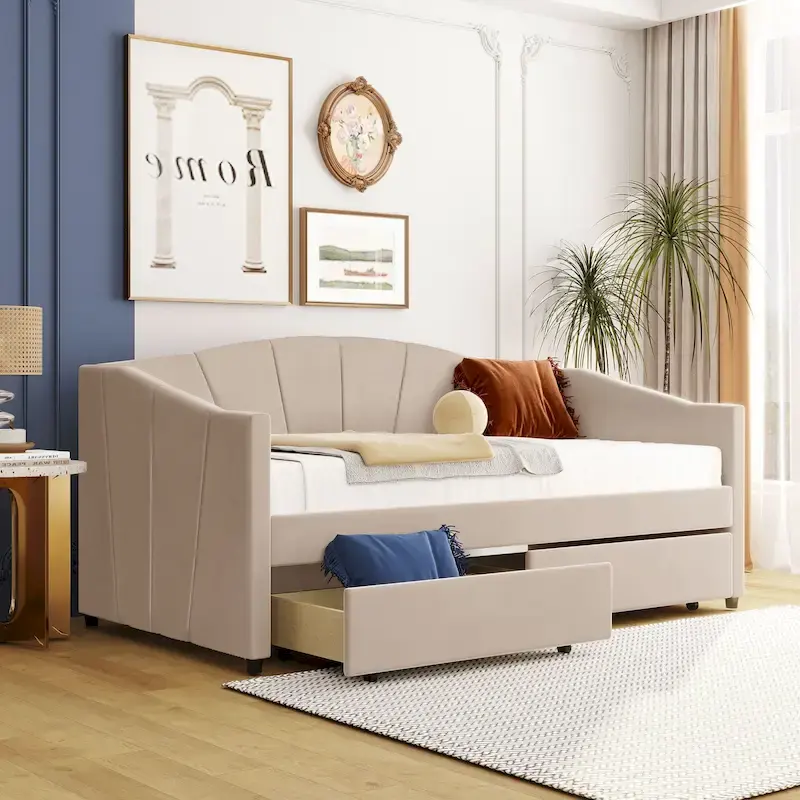 Twin Velvet Daybed with Storage Drawers – Beige / Blue / Gray, 2-Person Assembly