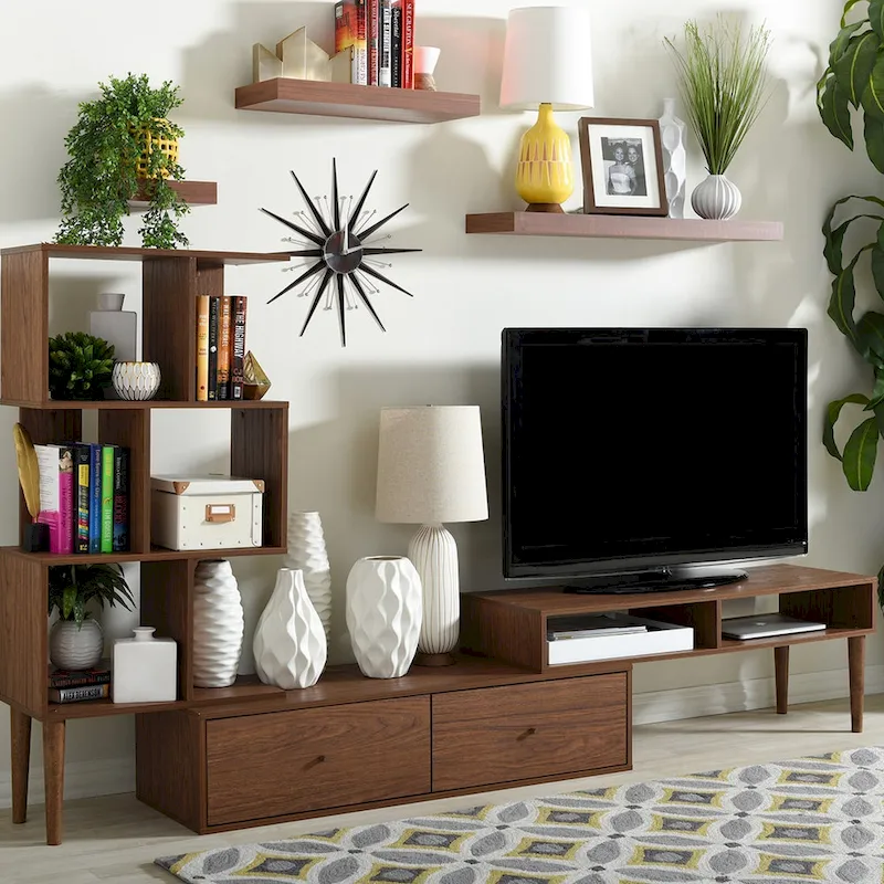 Mid-Century Style Brown Solid Wood TV Cabinet