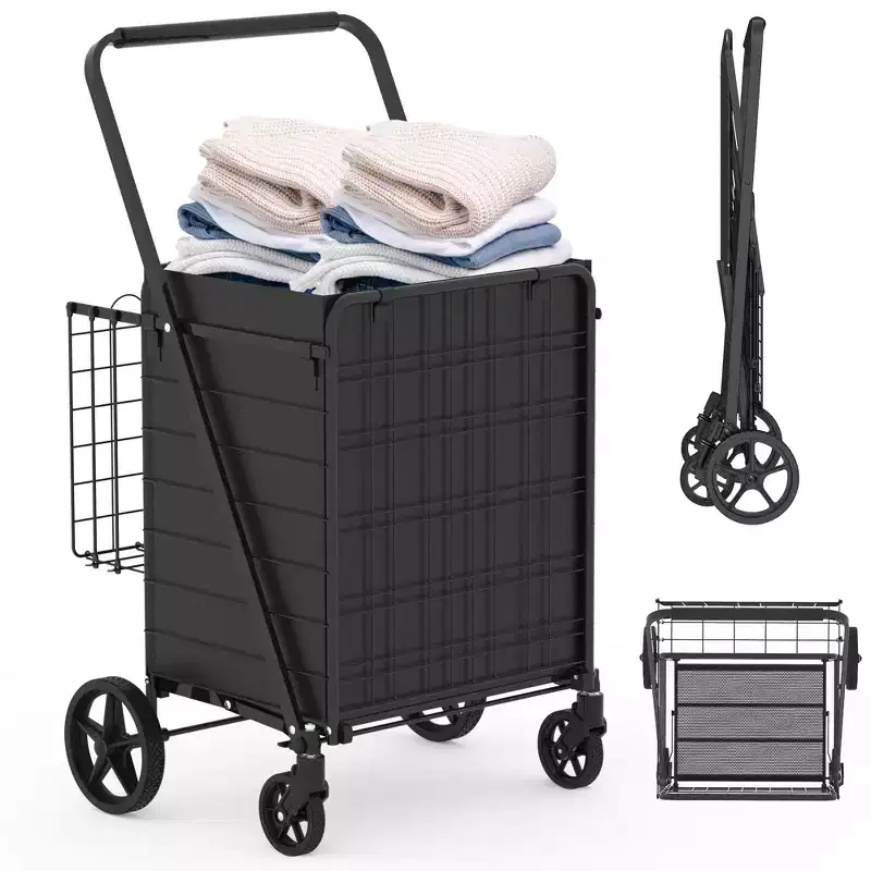 Foldable Heavy-Duty Shopping Cart with Tall Handle, Dual Baskets and Waterproof Liner