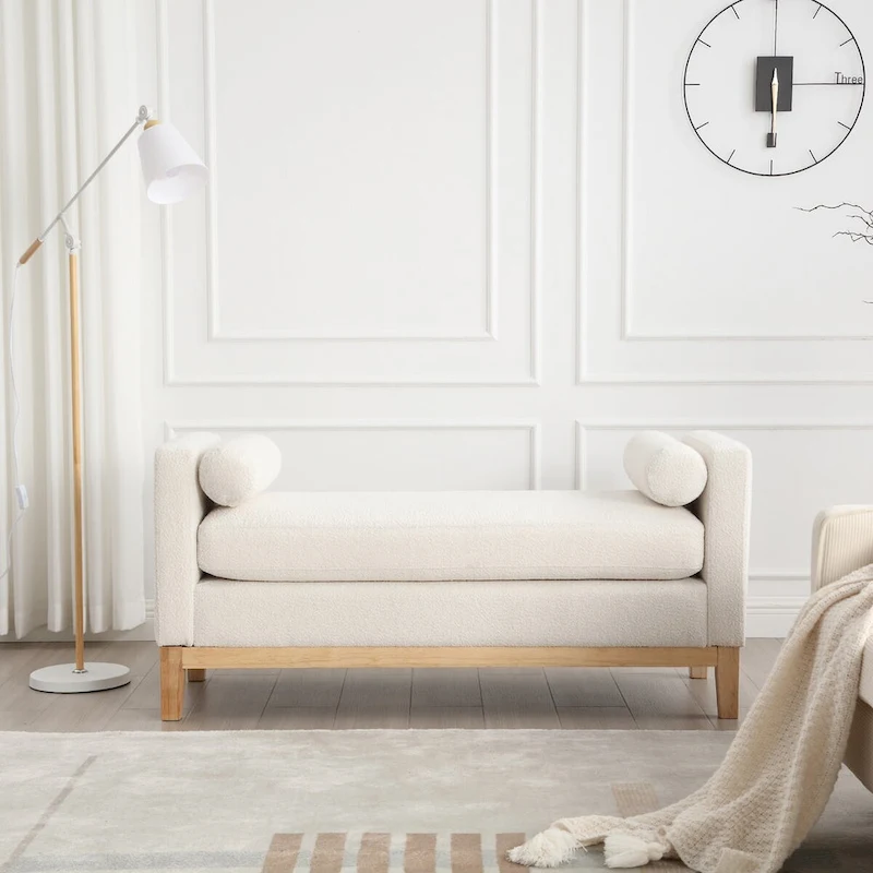 53.5W Elegant Boucle Upholstered Bench, Ottoman with Wood Legs & Bolster Pillows