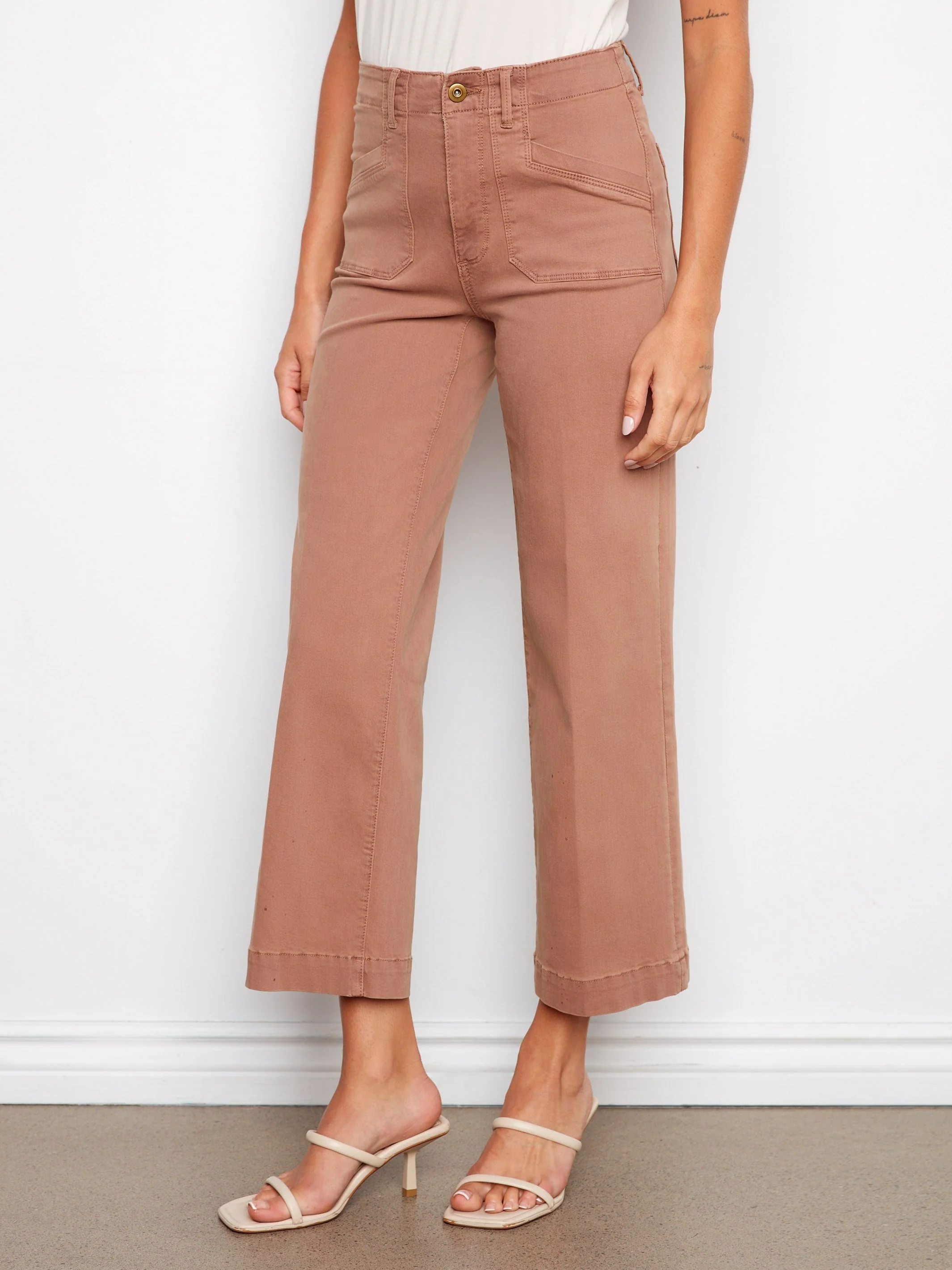Cropped Wide Leg Stretch Twill Jeans - Brown
