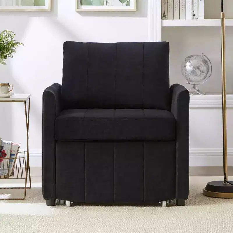 Upholstered Convertible Sleeper Sofa with Side Pockets & Storage Basket – Black