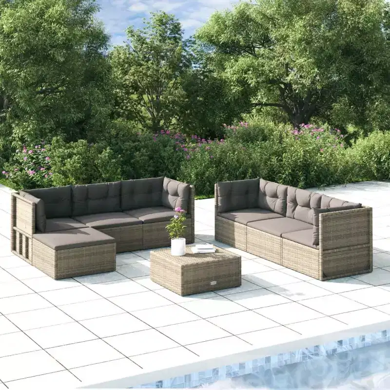 vidaXL Stylish Grey Garden Lounge Set with PE Rattan and Powder Coated Steel Frame, Includes Corner Sofas, Middle Sofas and Footstool