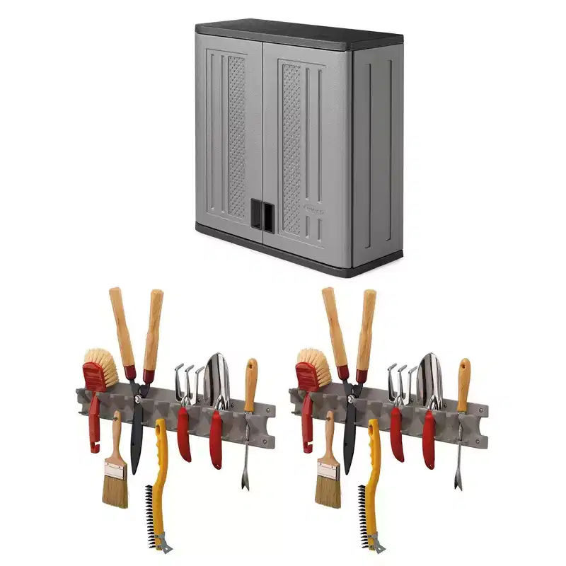 Suncast Single Shelf Wall Cabinet w/Wall Mounted Hand Tool Organizer (2 Pack)