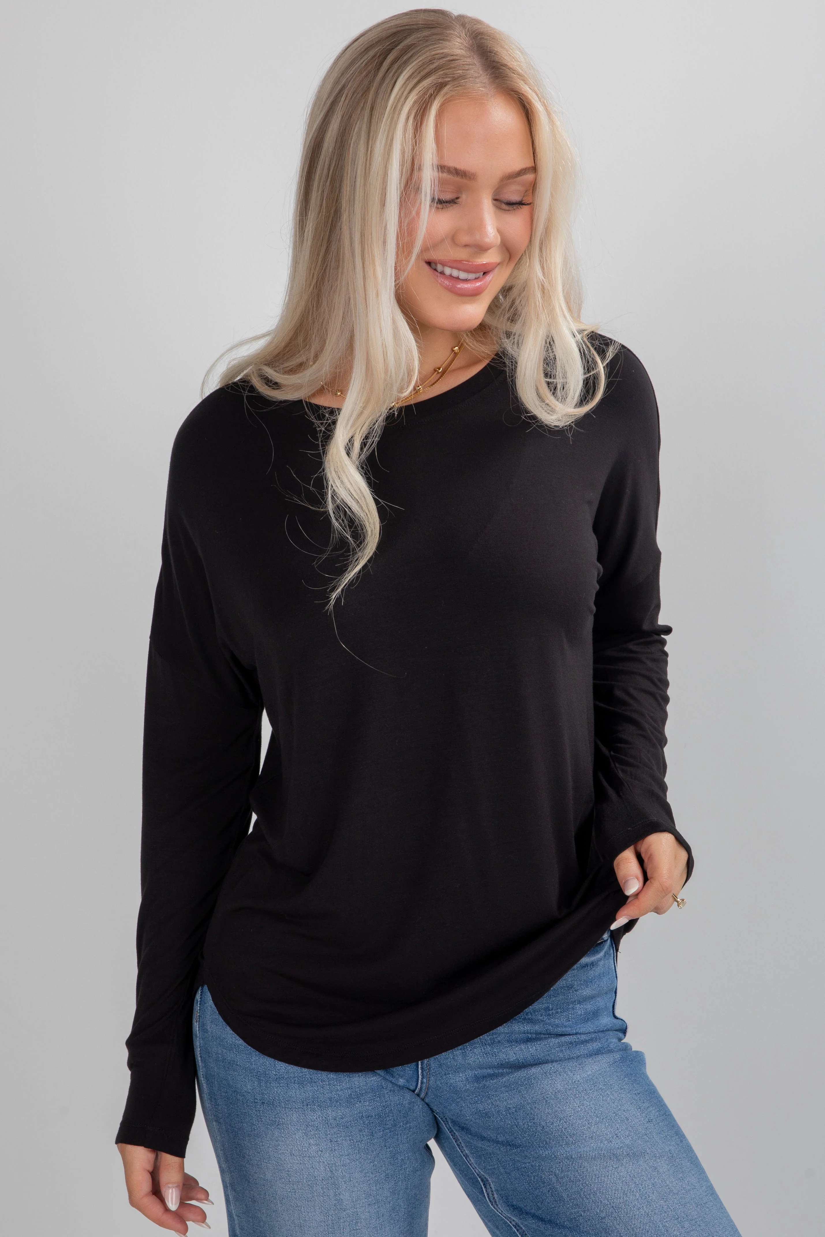 Round Neck Long Drop Sleeve Oversized Rayon Top