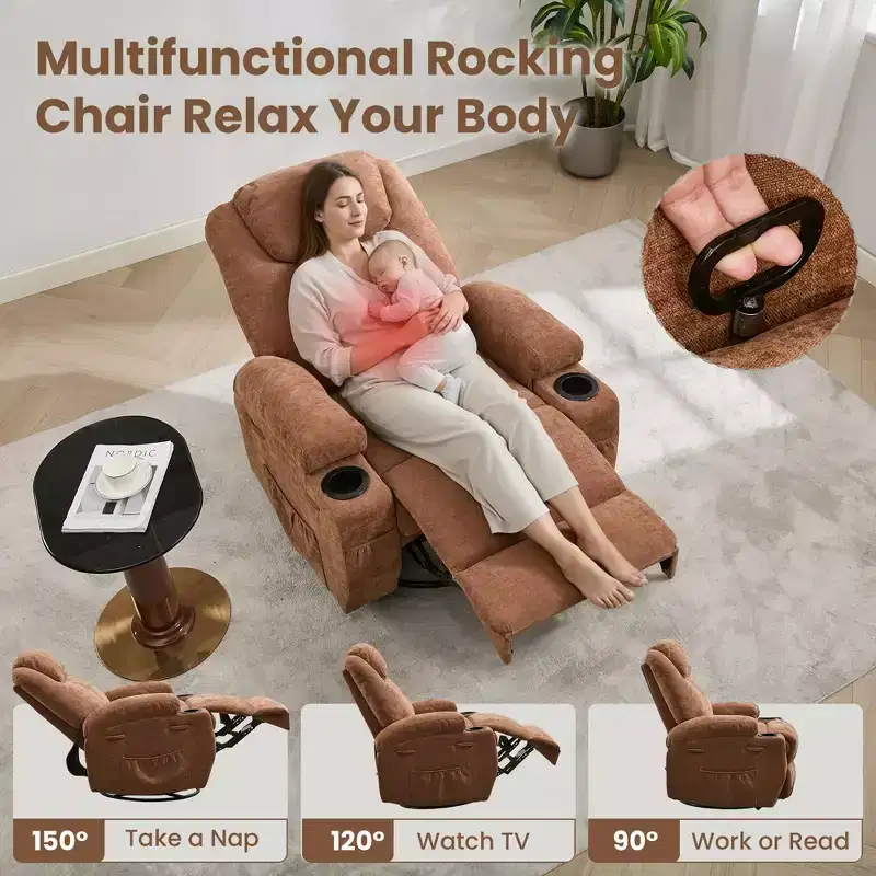 Recliner Chair, 360 Swivel Rocker Recliner Chair for Adults with Massage and Heat, Electric Glider Rocking Chairs