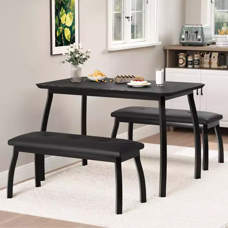 3 Piece Dining Table Set, Dining Room Table Set for 4 with Chamfer Design and Metal Legs, Metal Frame Kitchen Furniture with 2 Upholstered Bench