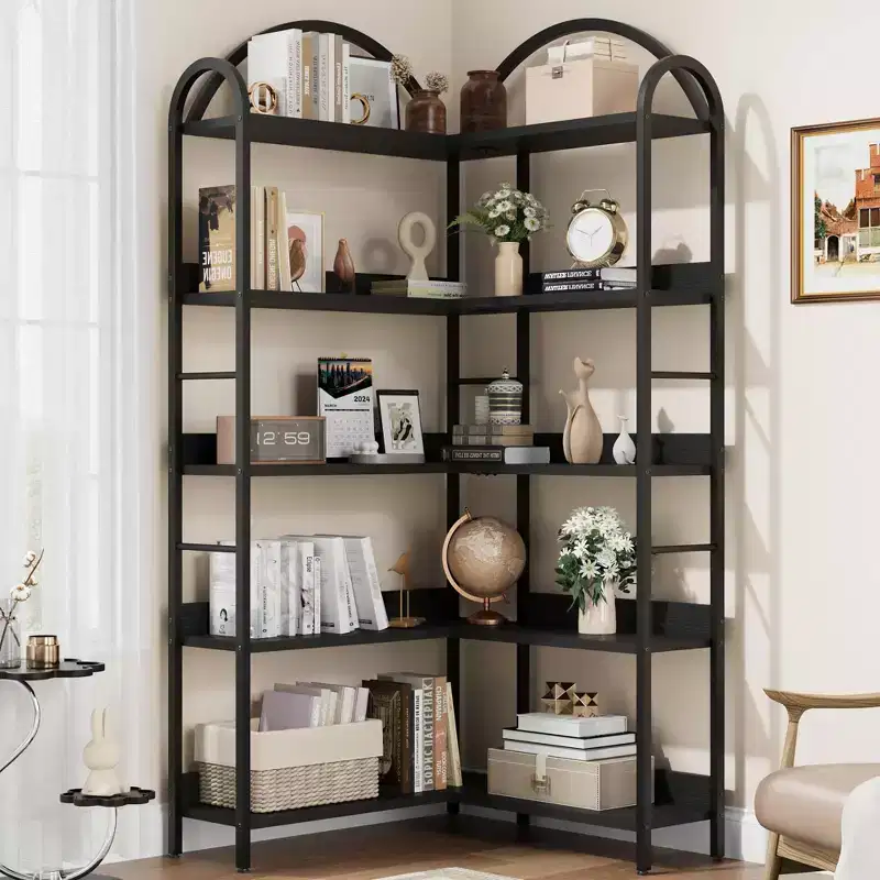 Corner Bookshelf Industrial Bookcase,L Shaped Bookshelf Arched 5 Tier Corner Shelf, Large Bookshelf With Metal Frame,Etagere Shelf Corner Display Rack