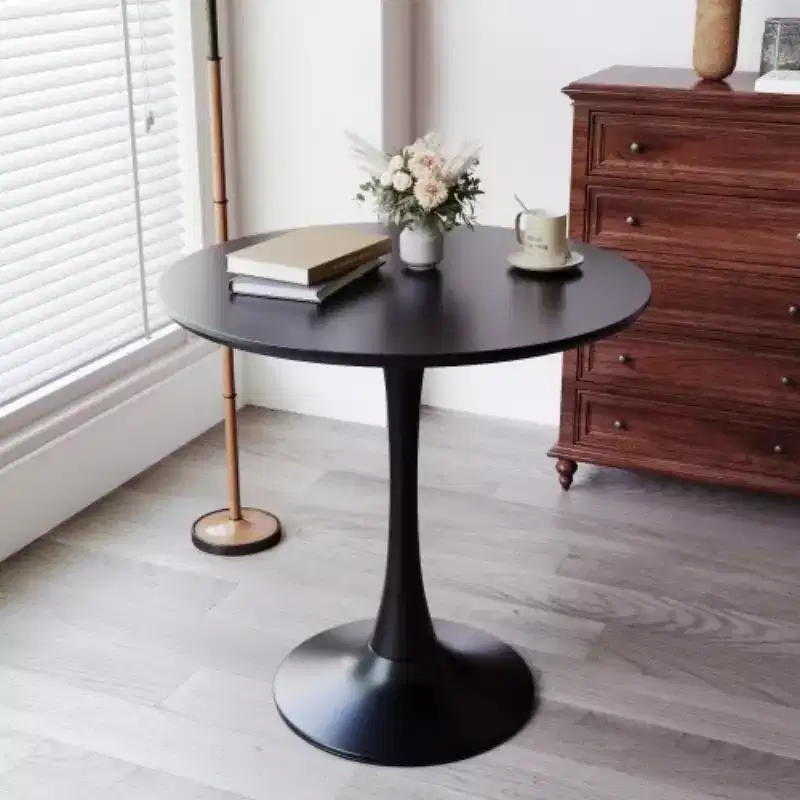 Modern Round Dining Table End Table MDF Top Steel Base Kitchen Coffee Table Living Room Office Black 31.5*19.7*29.1