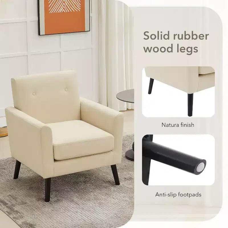 Accent Chair with Linen Fabric, Upholstered Armchair with Wood Legs & Thick Cushion