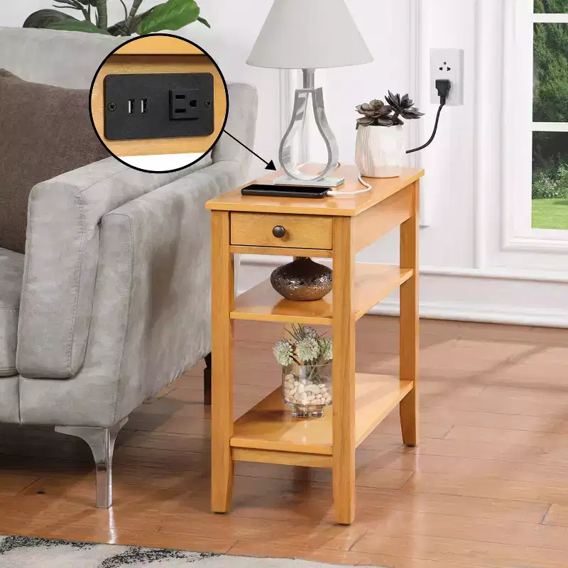 HomeStock Belmont Chairside End Table with One Drawer, USB Ports, Plug Outlet and Shelves, Functional Storage Side Table with Charging Station