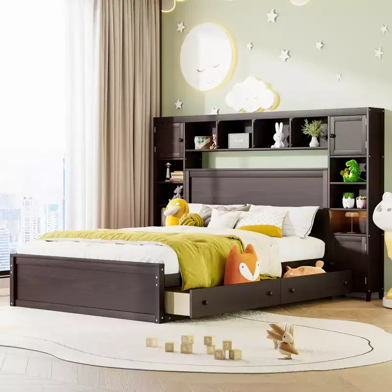 Queen Size Platform Bed with All-in-One Cabinet and Storage Shelf, Wooden Queen Bed Frame with 4 Drawers and Sockets