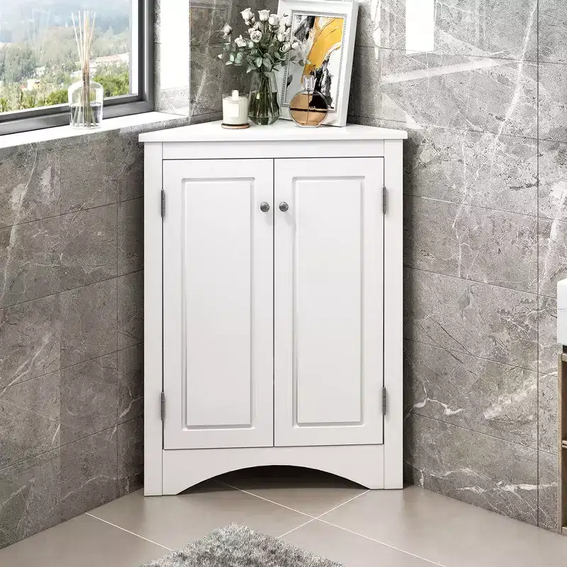 Modern Corner Storage Cabinet With Adjustable Shelves 2 Doors Triangle Freestanding Floor Cabinet For Living Room Small Space