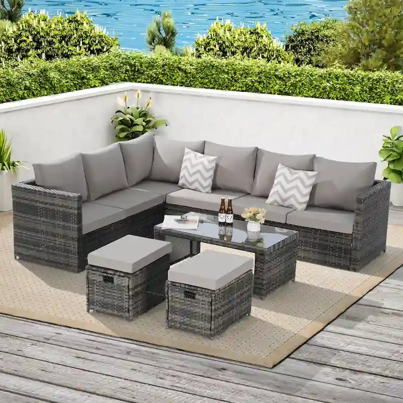 6-Piece All Weather Wicker Rattan Outdoor Sofa Conversation Set with Glass Table, Cushions and Pillows